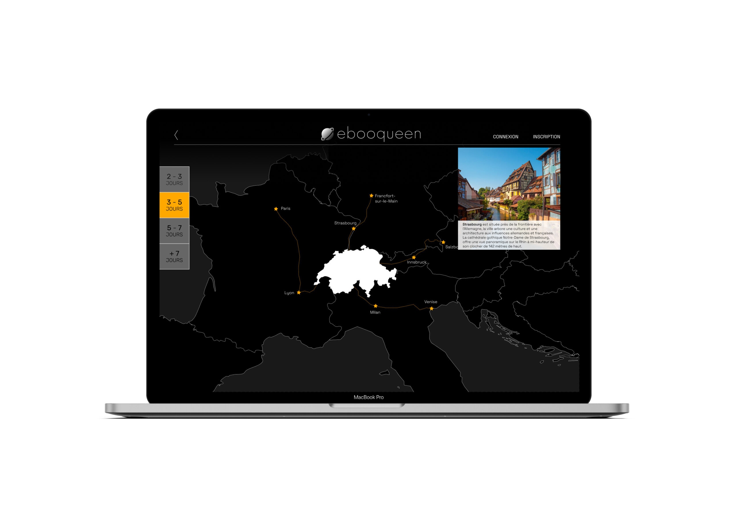 ordinateur montrant le catalogue de voyages du site Ebooqueen.ch